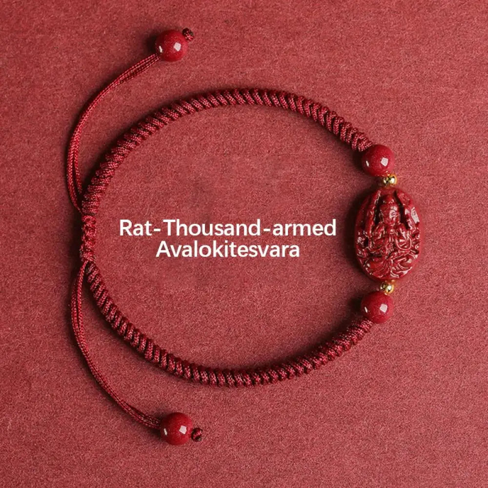 Buddha Stones Chinese Zodiac Natal Buddha Cinnabar Keep Away Evil Spirits Rope Bracelet - BWOOOH - Rat-Thousand-armed