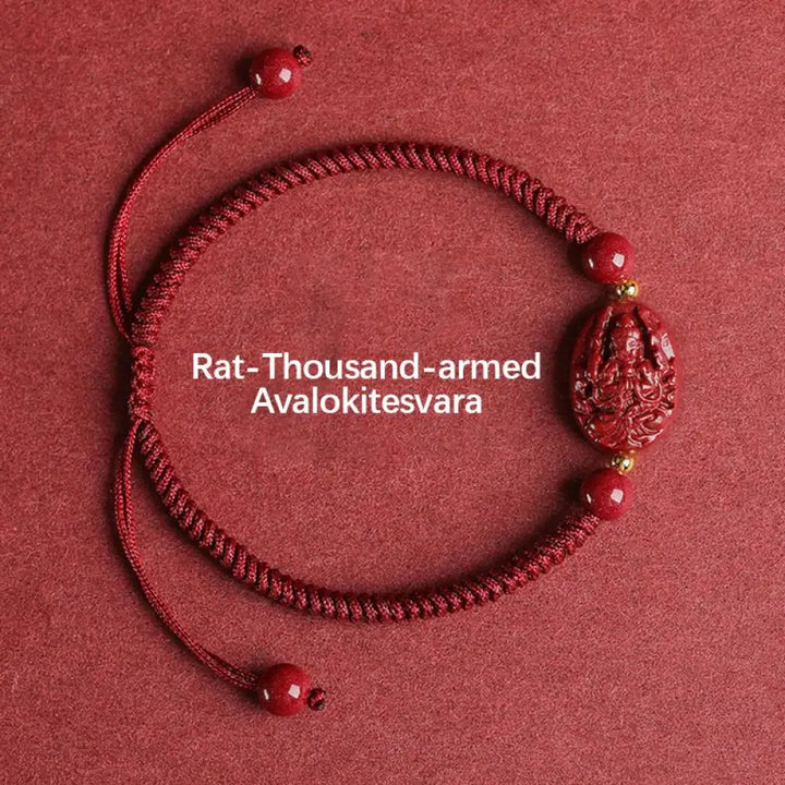 Buddha Stones Chinese Zodiac Natal Buddha Cinnabar Keep Away Evil Spirits Rope Bracelet - BWOOOH - Rat-Thousand-armed