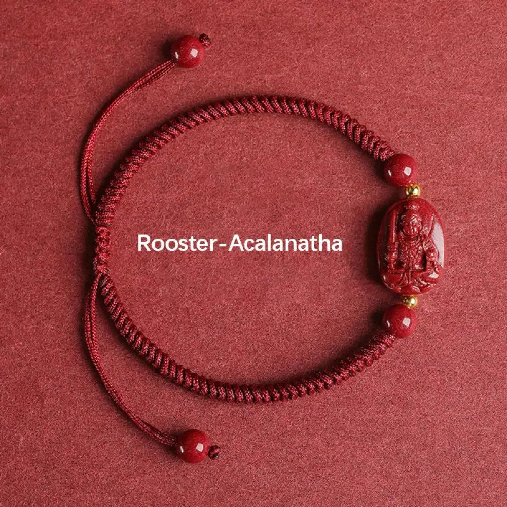 Buddha Stones Chinese Zodiac Natal Buddha Cinnabar Keep Away Evil Spirits Rope Bracelet - BWOOOH - Rooster-Acalanatha