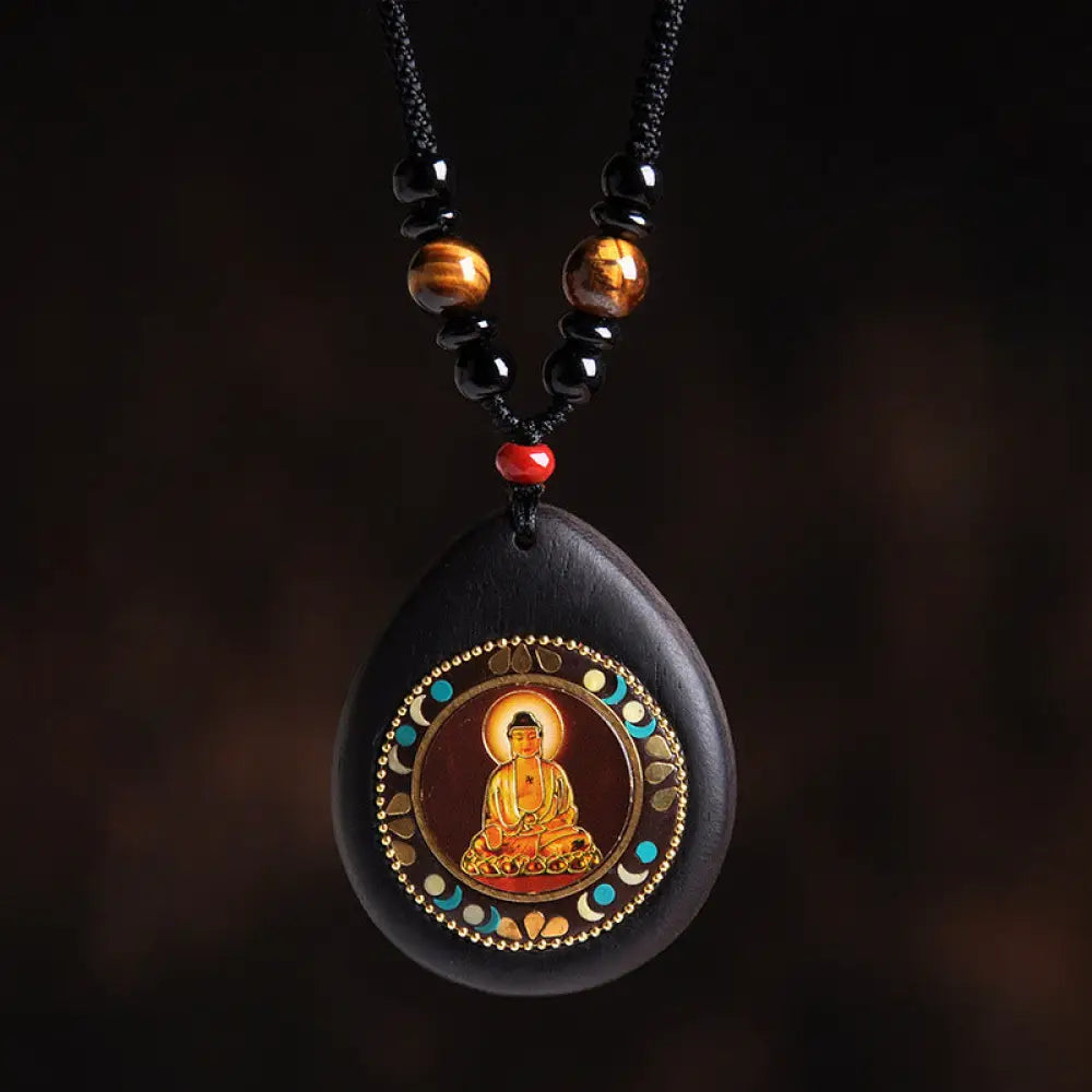 Buddha Stones Chinese Zodiac Natal Buddha Ebony Wood Tiger Eye Black Onyx Calm Necklace Pendants - BWOOOH