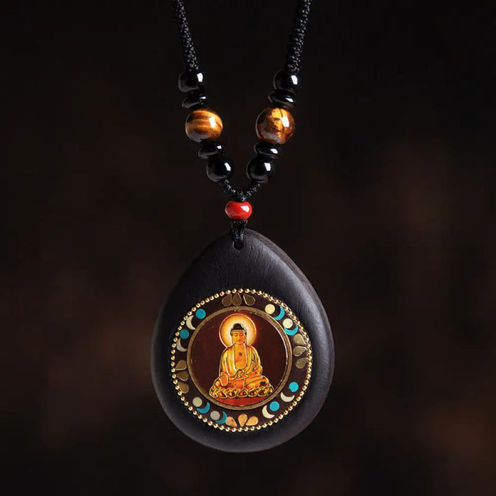 Buddha Stones Chinese Zodiac Natal Buddha Ebony Wood Tiger Eye Black Onyx Calm Necklace Pendants - BWOOOH