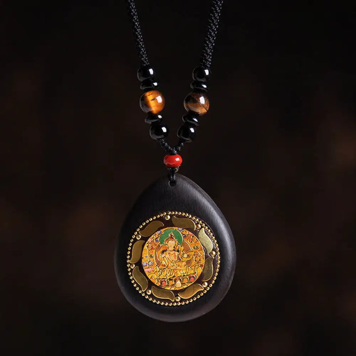 Buddha Stones Chinese Zodiac Natal Buddha Ebony Wood Tiger Eye Black Onyx Calm Necklace Pendants - BWOOOH