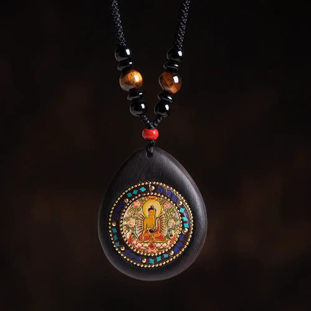 Buddha Stones Chinese Zodiac Natal Buddha Ebony Wood Tiger Eye Black Onyx Calm Necklace Pendants - BWOOOH