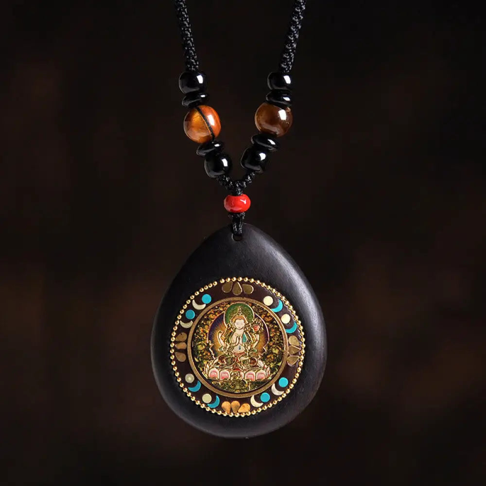 Buddha Stones Chinese Zodiac Natal Buddha Ebony Wood Tiger Eye Black Onyx Calm Necklace Pendants - BWOOOH