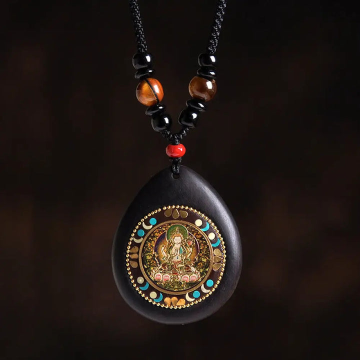 Buddha Stones Chinese Zodiac Natal Buddha Ebony Wood Tiger Eye Black Onyx Calm Necklace Pendants - BWOOOH