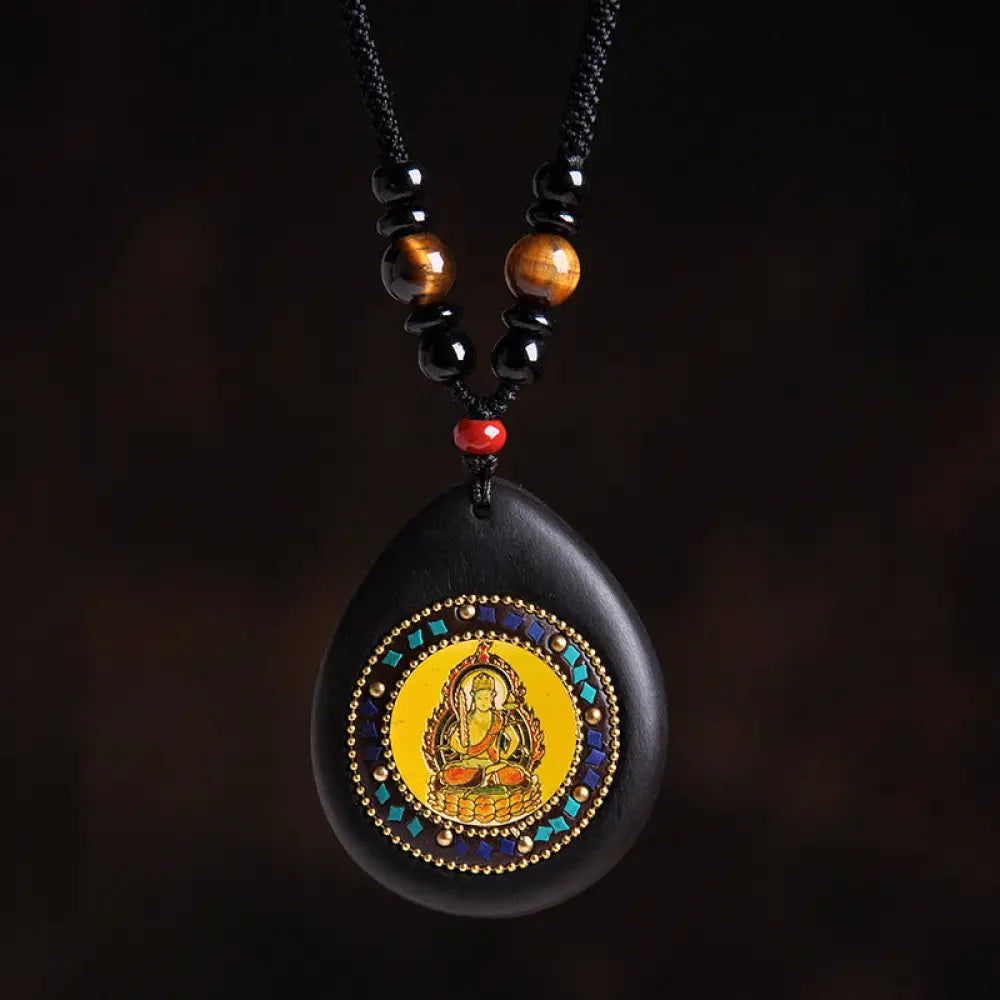 Buddha Stones Chinese Zodiac Natal Buddha Ebony Wood Tiger Eye Black Onyx Calm Necklace Pendants - BWOOOH