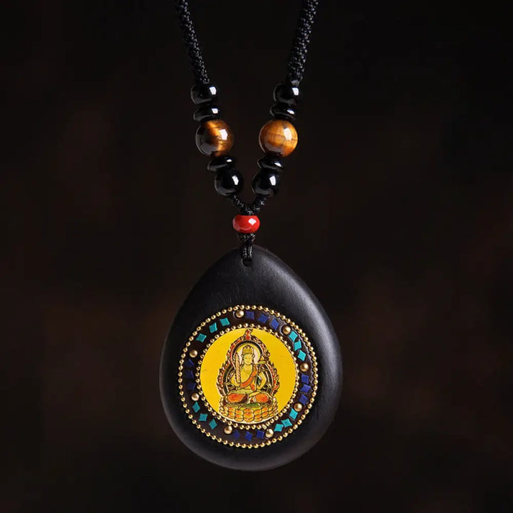 Buddha Stones Chinese Zodiac Natal Buddha Ebony Wood Tiger Eye Black Onyx Calm Necklace Pendants - BWOOOH