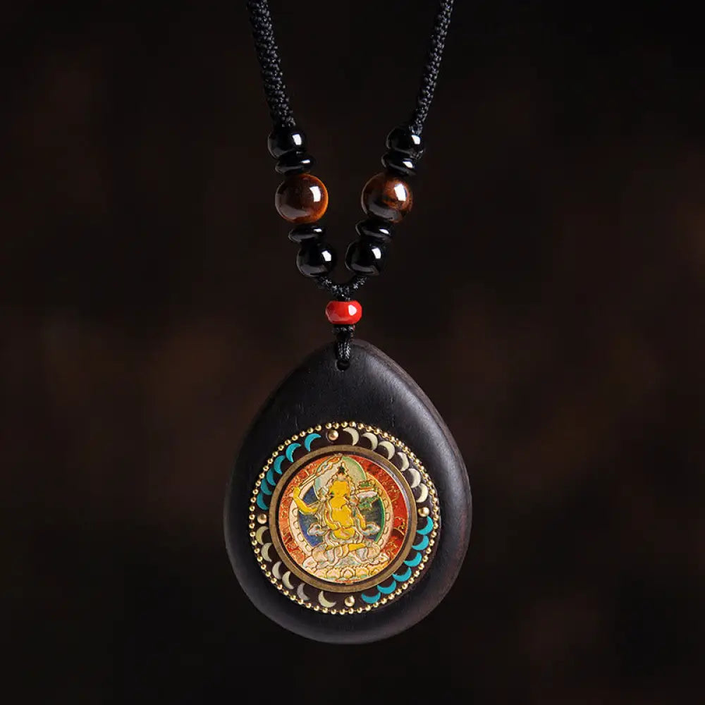 Buddha Stones Chinese Zodiac Natal Buddha Ebony Wood Tiger Eye Black Onyx Calm Necklace Pendants - BWOOOH