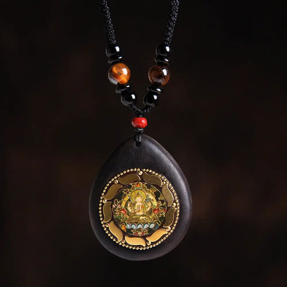 Buddha Stones Chinese Zodiac Natal Buddha Ebony Wood Tiger Eye Black Onyx Calm Necklace Pendants - BWOOOH