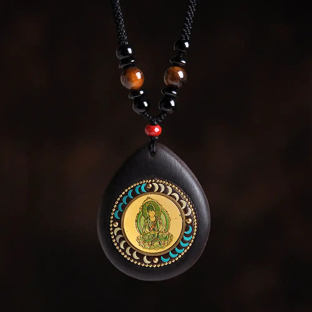Buddha Stones Chinese Zodiac Natal Buddha Ebony Wood Tiger Eye Black Onyx Calm Necklace Pendants - BWOOOH