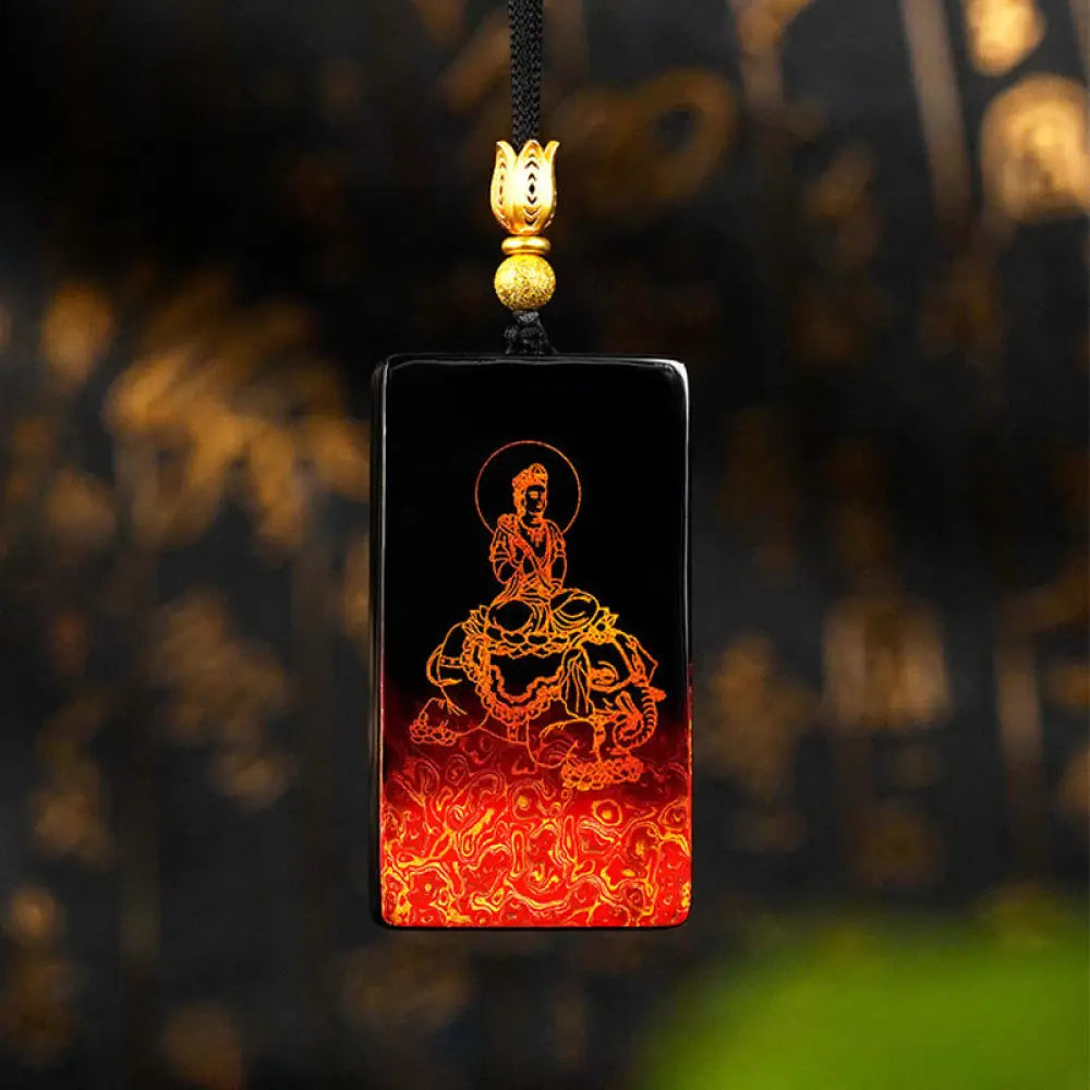 Buddha Stones Chinese Zodiac Natal Buddha Fu Character Lacquer Craft Sandalwood Pendant Necklace - BWOOOH