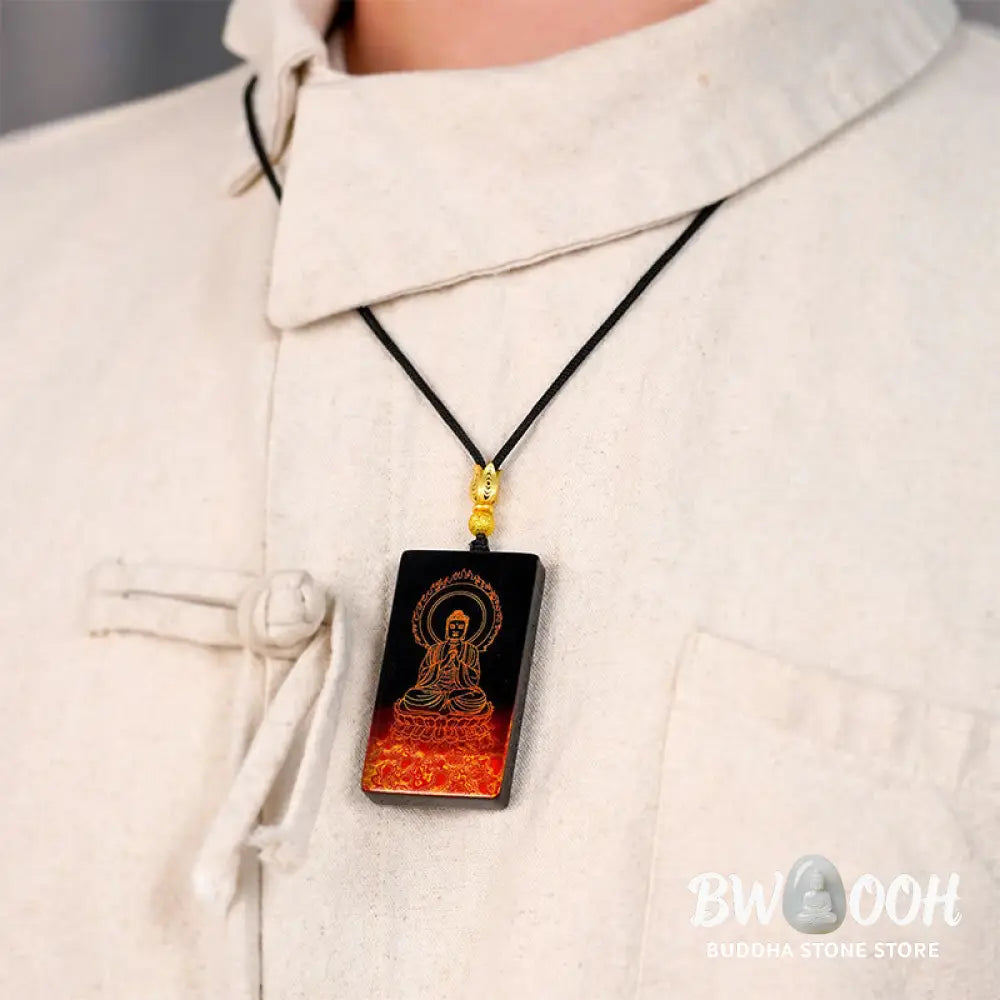 Buddha Stones Chinese Zodiac Natal Buddha Fu Character Lacquer Craft Sandalwood Pendant Necklace - BWOOOH - Necklaces &amp;