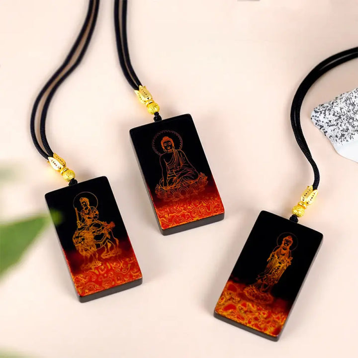 Buddha Stones Chinese Zodiac Natal Buddha Fu Character Lacquer Craft Sandalwood Pendant Necklace - BWOOOH - Necklaces &amp;