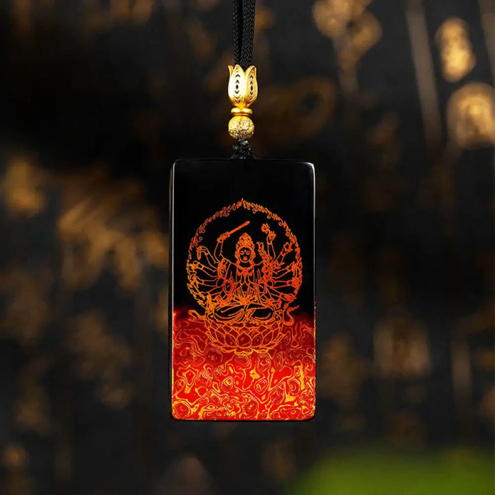 Buddha Stones Chinese Zodiac Natal Buddha Fu Character Lacquer Craft Sandalwood Pendant Necklace - BWOOOH
