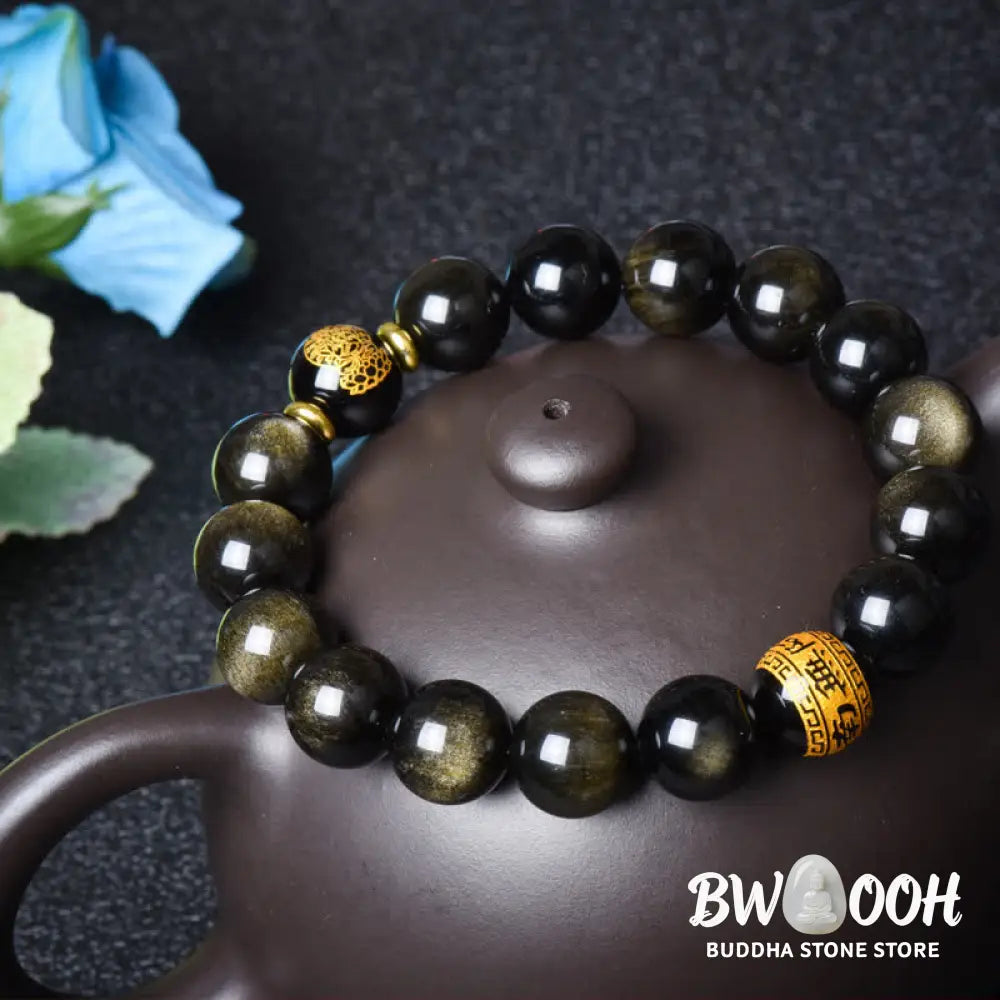 BWOOOH Chinese Zodiac Natal Buddha Gold Sheen Obsidian Wealth Protection Bracelet - Bracelet