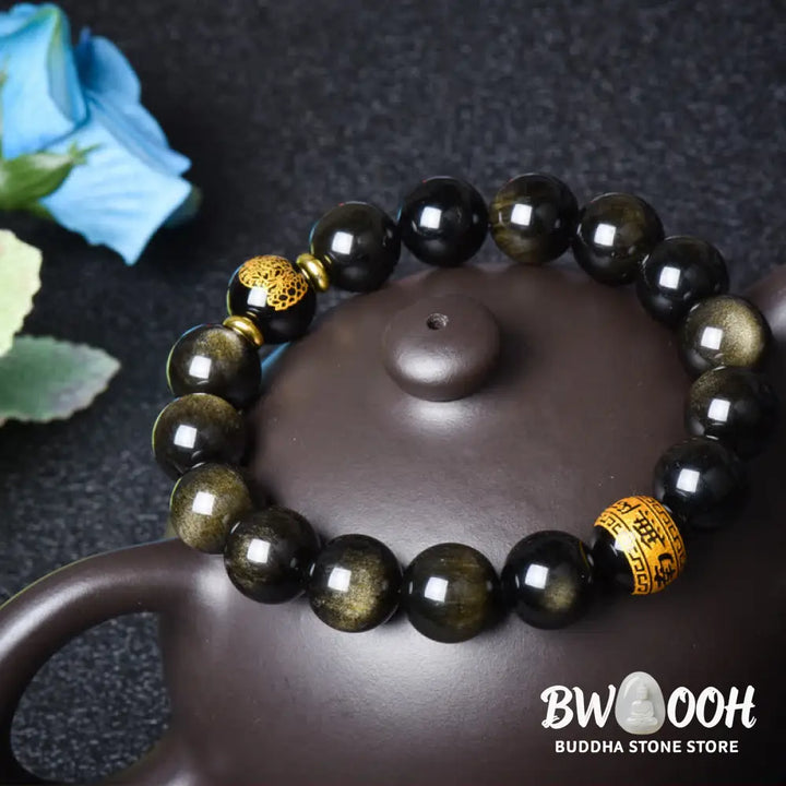 BWOOOH Chinese Zodiac Natal Buddha Gold Sheen Obsidian Wealth Protection Bracelet - Bracelet