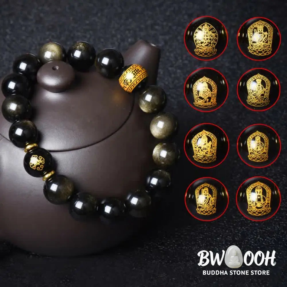 BWOOOH Chinese Zodiac Natal Buddha Gold Sheen Obsidian Wealth Protection Bracelet - Bracelet