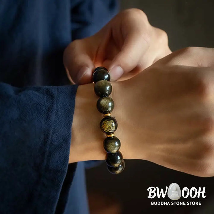 BWOOOH Chinese Zodiac Natal Buddha Gold Sheen Obsidian Wealth Protection Bracelet - Bracelet