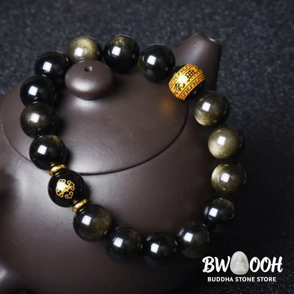 BWOOOH Chinese Zodiac Natal Buddha Gold Sheen Obsidian Wealth Protection Bracelet - Bracelet