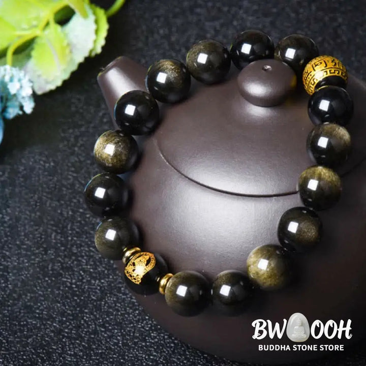 BWOOOH Chinese Zodiac Natal Buddha Gold Sheen Obsidian Wealth Protection Bracelet - Bracelet