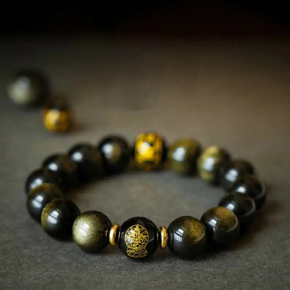 BWOOOH Chinese Zodiac Natal Buddha Gold Sheen Obsidian Wealth Protection Bracelet - Bracelet