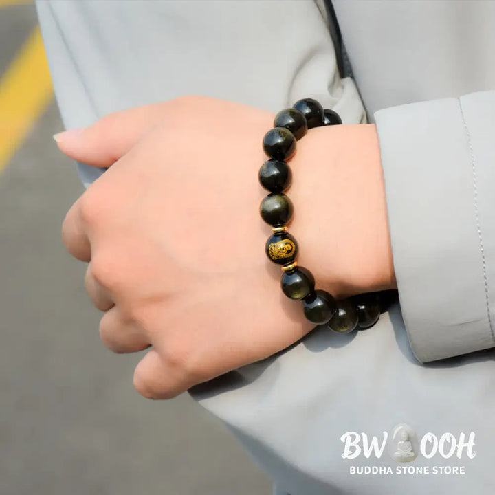 BWOOOH Chinese Zodiac Natal Buddha Gold Sheen Obsidian Wealth Protection Bracelet - Bracelet