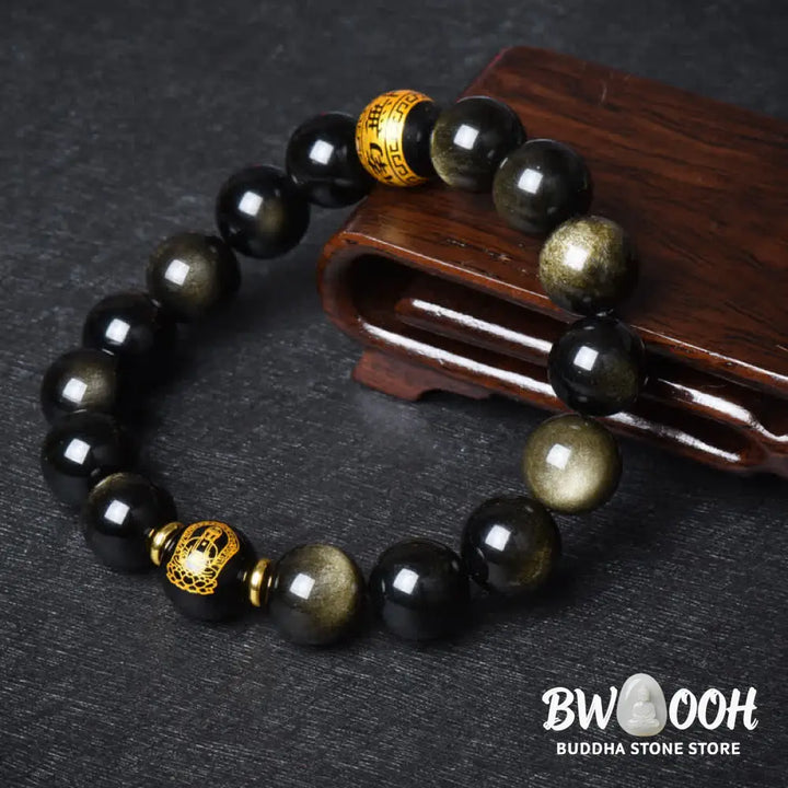 BWOOOH Chinese Zodiac Natal Buddha Gold Sheen Obsidian Wealth Protection Bracelet - Bracelet