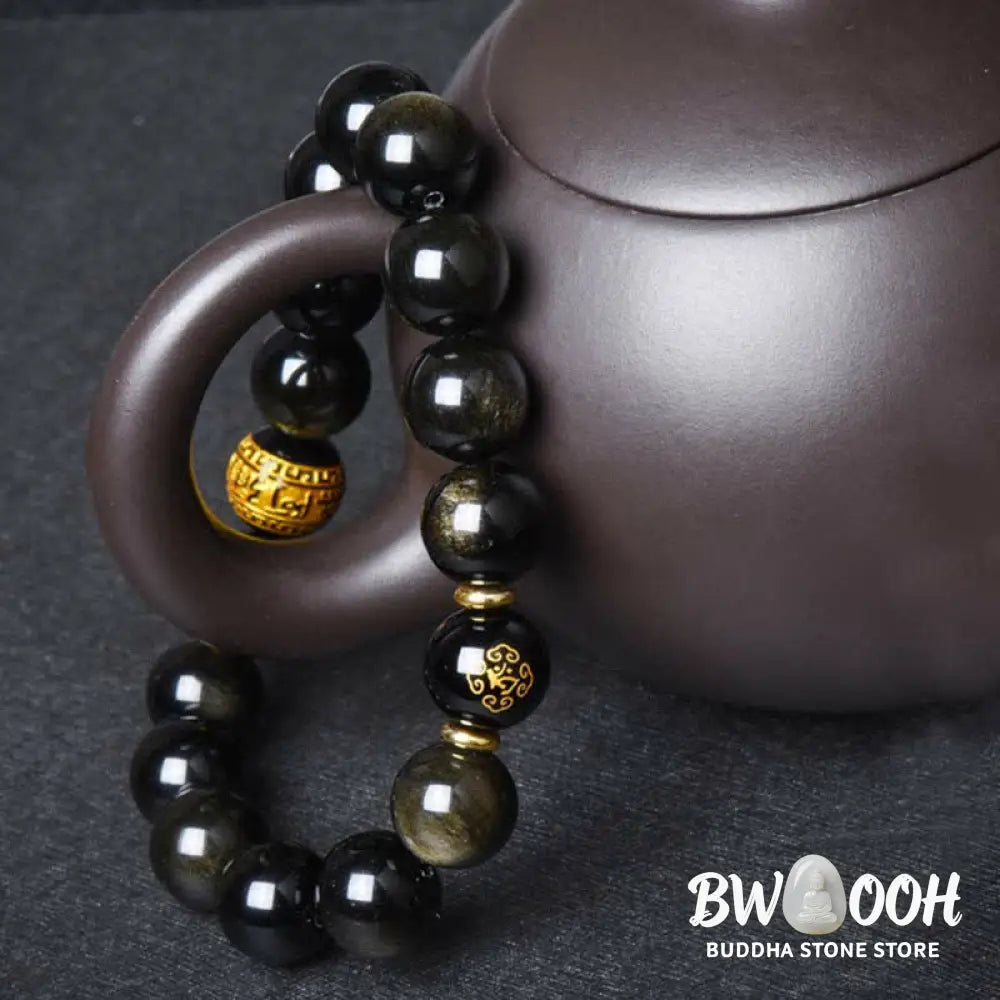 BWOOOH Chinese Zodiac Natal Buddha Gold Sheen Obsidian Wealth Protection Bracelet - Bracelet