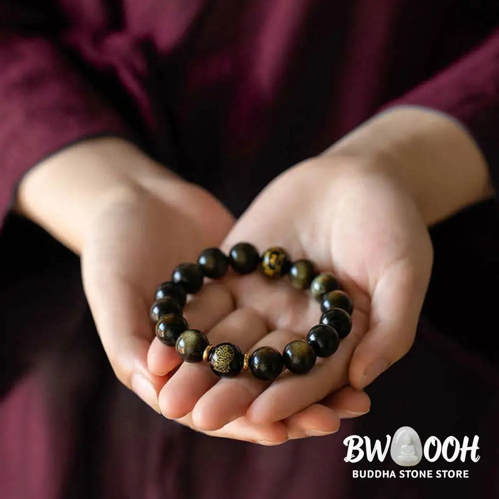 BWOOOH Chinese Zodiac Natal Buddha Gold Sheen Obsidian Wealth Protection Bracelet - Bracelet