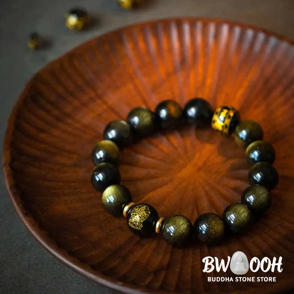 BWOOOH Chinese Zodiac Natal Buddha Gold Sheen Obsidian Wealth Protection Bracelet - Bracelet