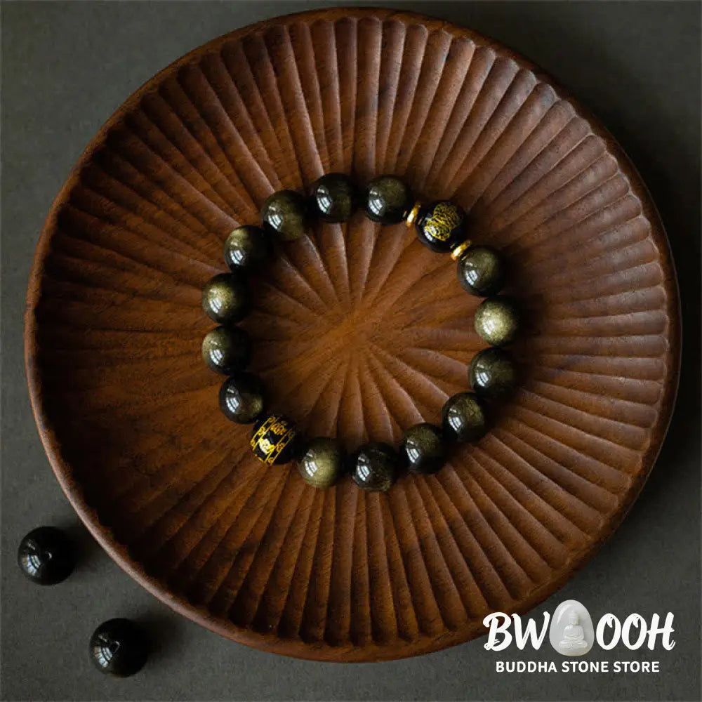 BWOOOH Chinese Zodiac Natal Buddha Gold Sheen Obsidian Wealth Protection Bracelet - Bracelet