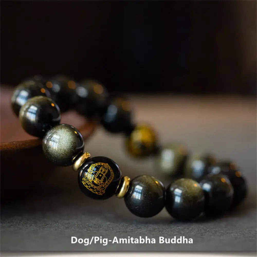 BWOOOH Chinese Zodiac Natal Buddha Gold Sheen Obsidian Wealth Protection Bracelet - Bracelet