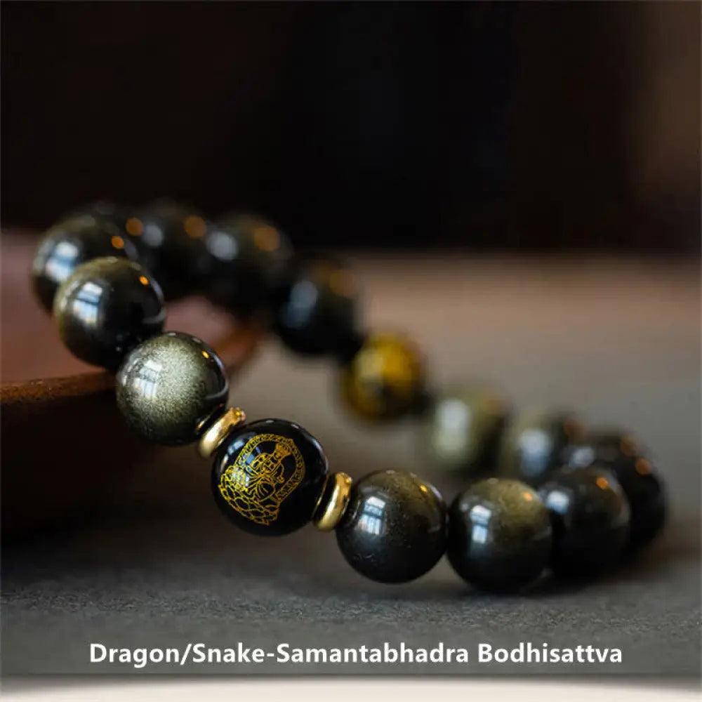 BWOOOH Chinese Zodiac Natal Buddha Gold Sheen Obsidian Wealth Protection Bracelet - Bracelet