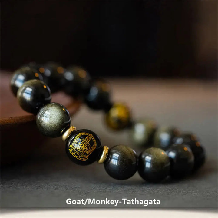 BWOOOH Chinese Zodiac Natal Buddha Gold Sheen Obsidian Wealth Protection Bracelet - Bracelet