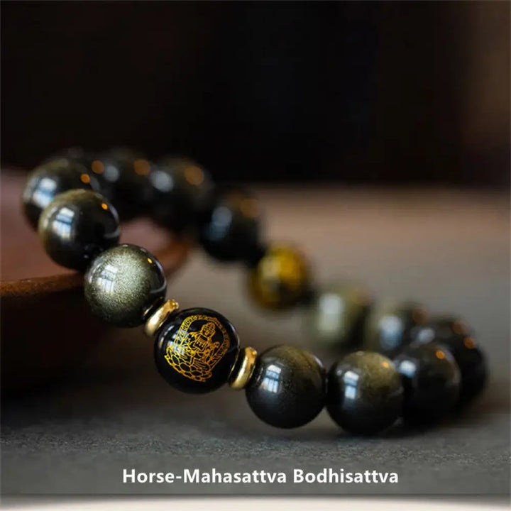 BWOOOH Chinese Zodiac Natal Buddha Gold Sheen Obsidian Wealth Protection Bracelet - Bracelet