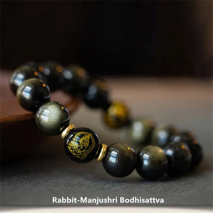 BWOOOH Chinese Zodiac Natal Buddha Gold Sheen Obsidian Wealth Protection Bracelet - Bracelet