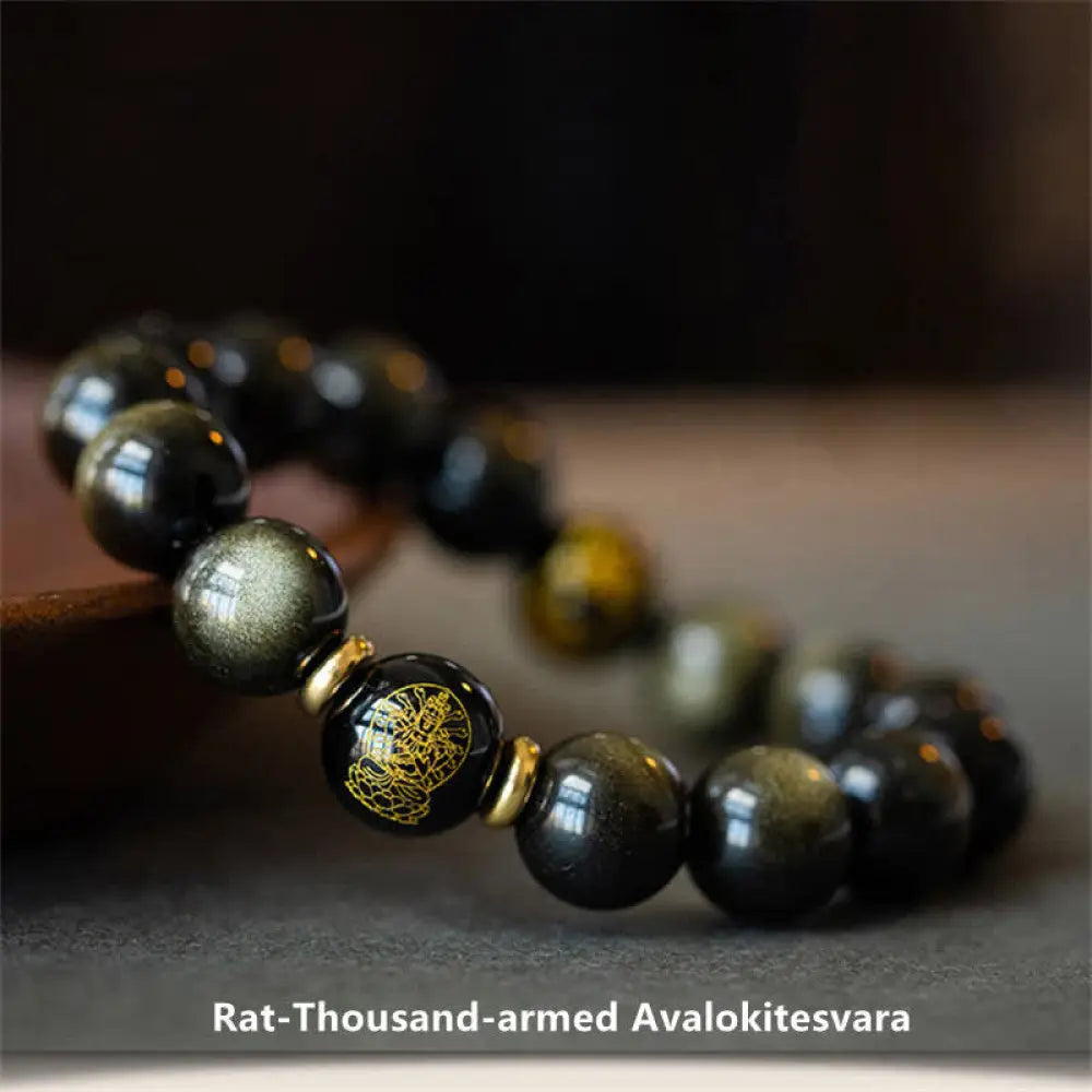 BWOOOH Chinese Zodiac Natal Buddha Gold Sheen Obsidian Wealth Protection Bracelet - Bracelet