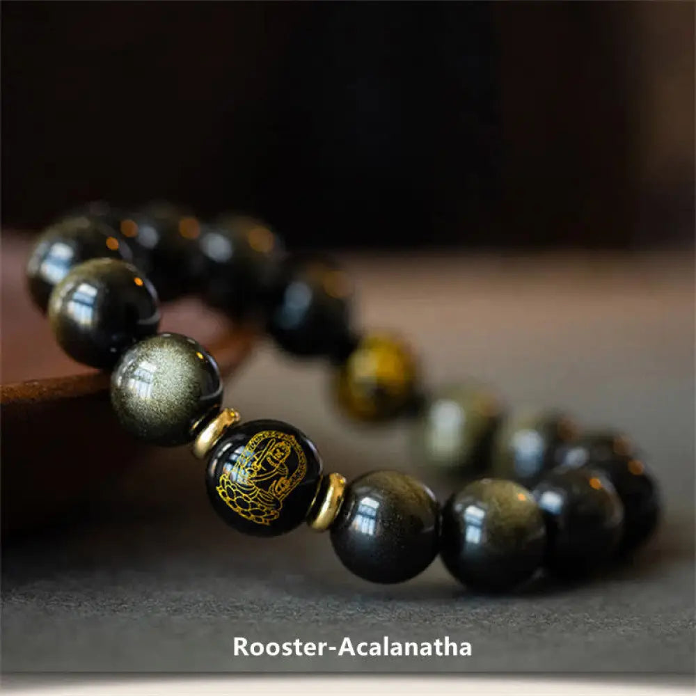 BWOOOH Chinese Zodiac Natal Buddha Gold Sheen Obsidian Wealth Protection Bracelet - Bracelet