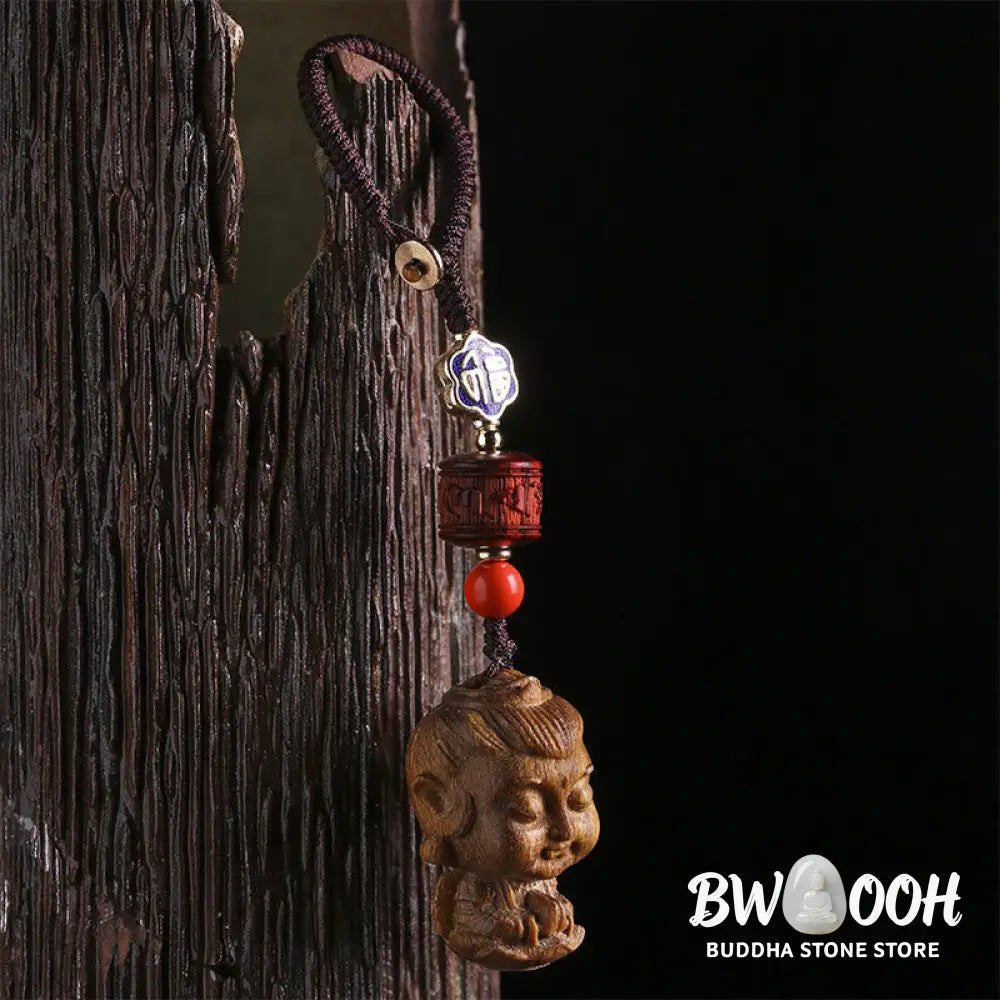 Buddha Stones Chinese Zodiac Natal Buddha Green Sandalwood Om Mani Padme Hum Peace Key Chain - Key Chain