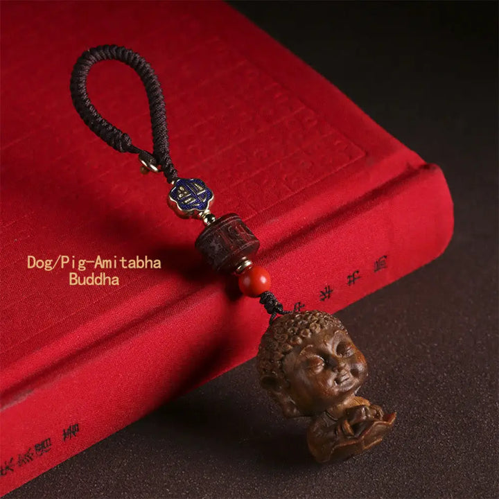 Buddha Stones Chinese Zodiac Natal Buddha Green Sandalwood Om Mani Padme Hum Peace Key Chain - Dog/Pig-Amitabha Buddha