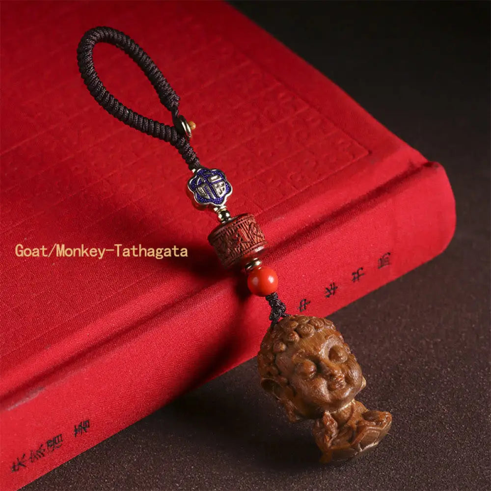 Buddha Stones Chinese Zodiac Natal Buddha Green Sandalwood Om Mani Padme Hum Peace Key Chain - Goat/Monkey-Tathagata