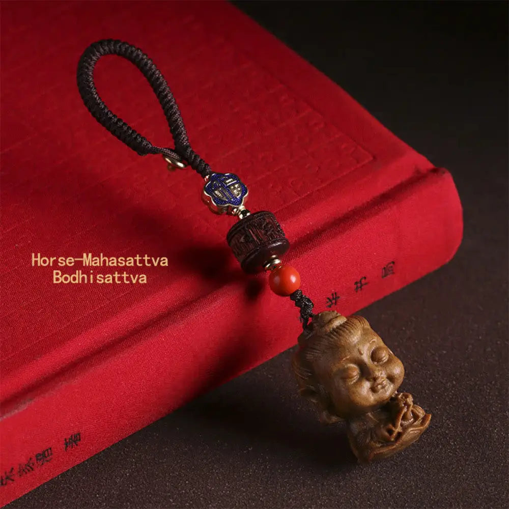 Buddha Stones Chinese Zodiac Natal Buddha Green Sandalwood Om Mani Padme Hum Peace Key Chain - Horse-Mahasattva