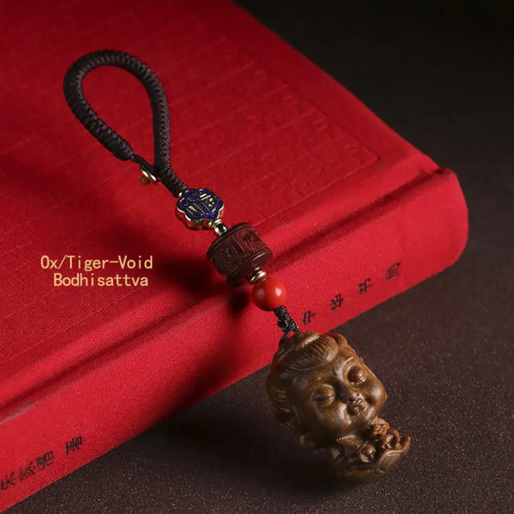 Buddha Stones Chinese Zodiac Natal Buddha Green Sandalwood Om Mani Padme Hum Peace Key Chain - Ox/Tiger-Void