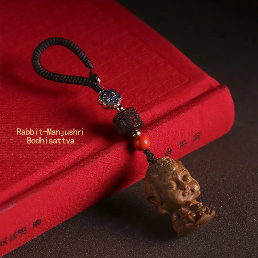 Buddha Stones Chinese Zodiac Natal Buddha Green Sandalwood Om Mani Padme Hum Peace Key Chain - Rabbit-Manjushri
