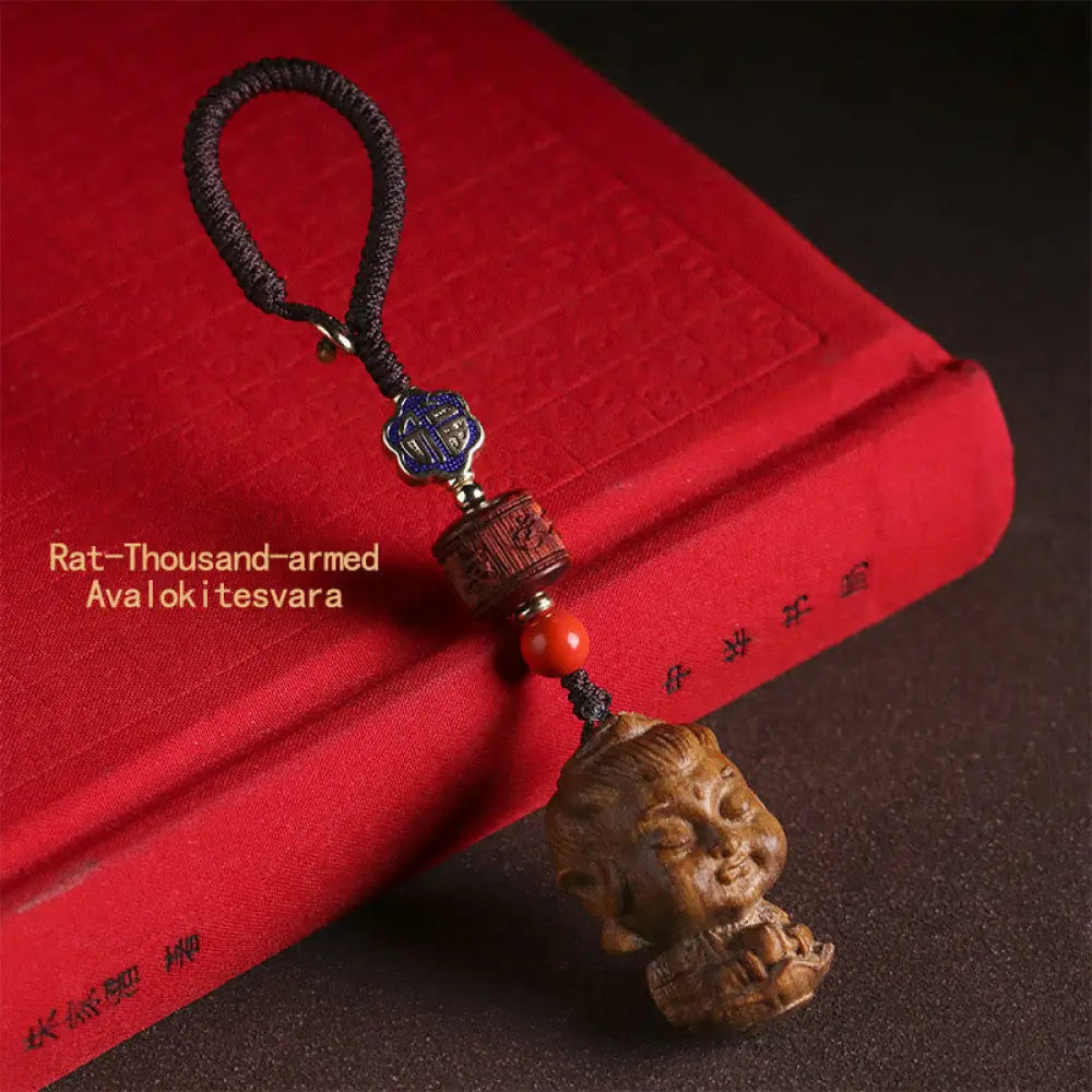 Buddha Stones Chinese Zodiac Natal Buddha Green Sandalwood Om Mani Padme Hum Peace Key Chain - Rat-Thousand-armed