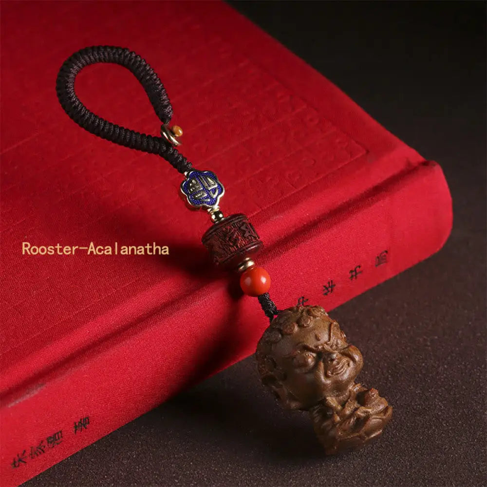 Buddha Stones Chinese Zodiac Natal Buddha Green Sandalwood Om Mani Padme Hum Peace Key Chain - Rooster-Acalanatha - Key