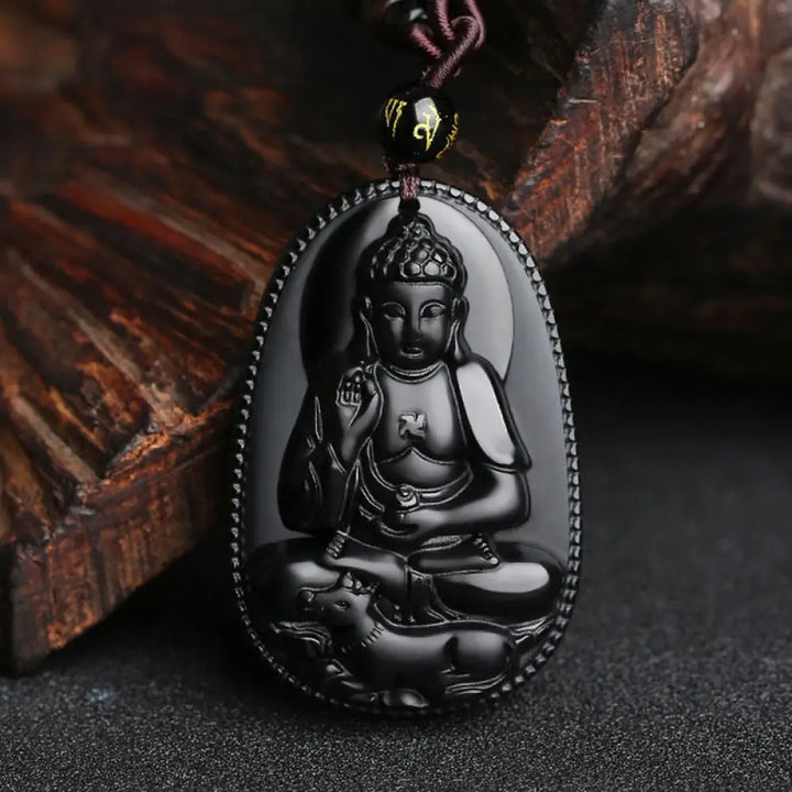 Buddha Stones Chinese Zodiac Natal Buddha Natural Black Obsidian Purification Necklace Pendant - BWOOOH - Dog-Amitabha