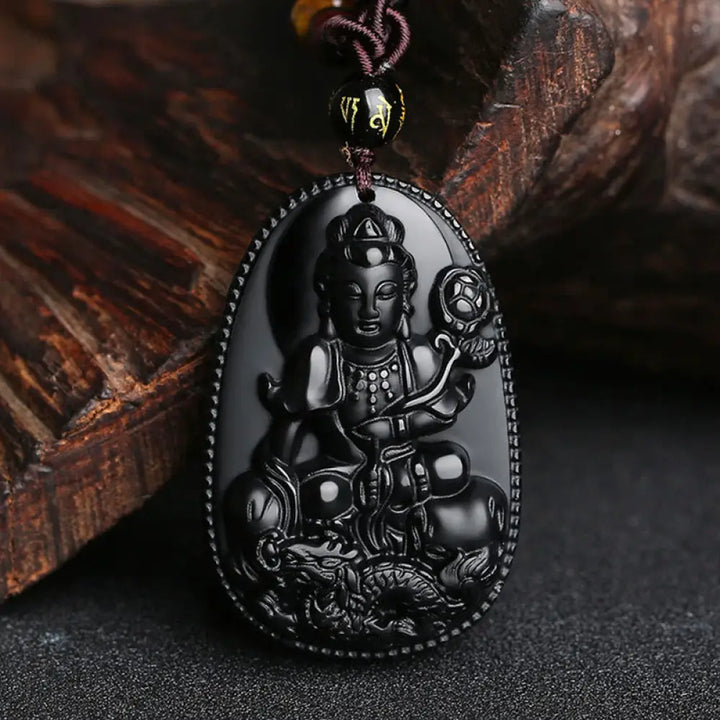 Buddha Stones Chinese Zodiac Natal Buddha Natural Black Obsidian Purification Necklace Pendant - BWOOOH