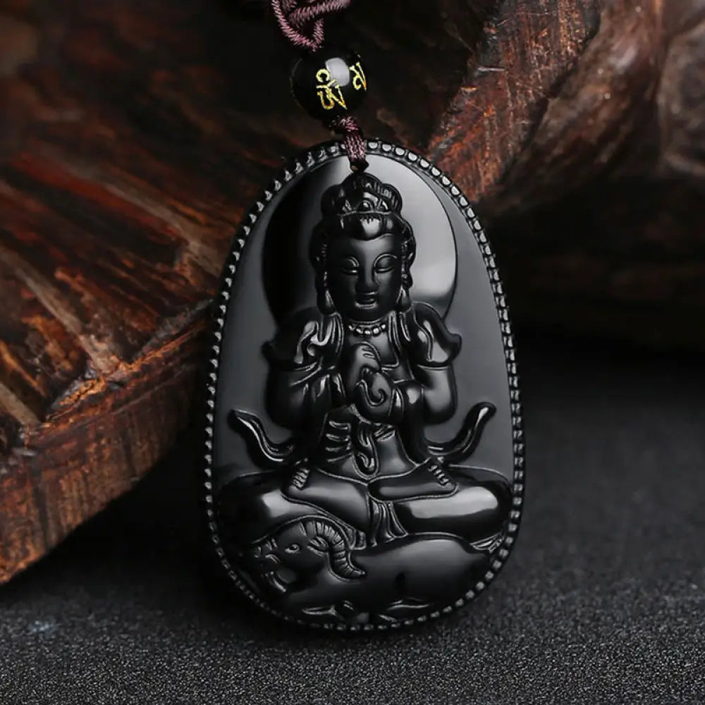 Buddha Stones Chinese Zodiac Natal Buddha Natural Black Obsidian Purification Necklace Pendant - BWOOOH