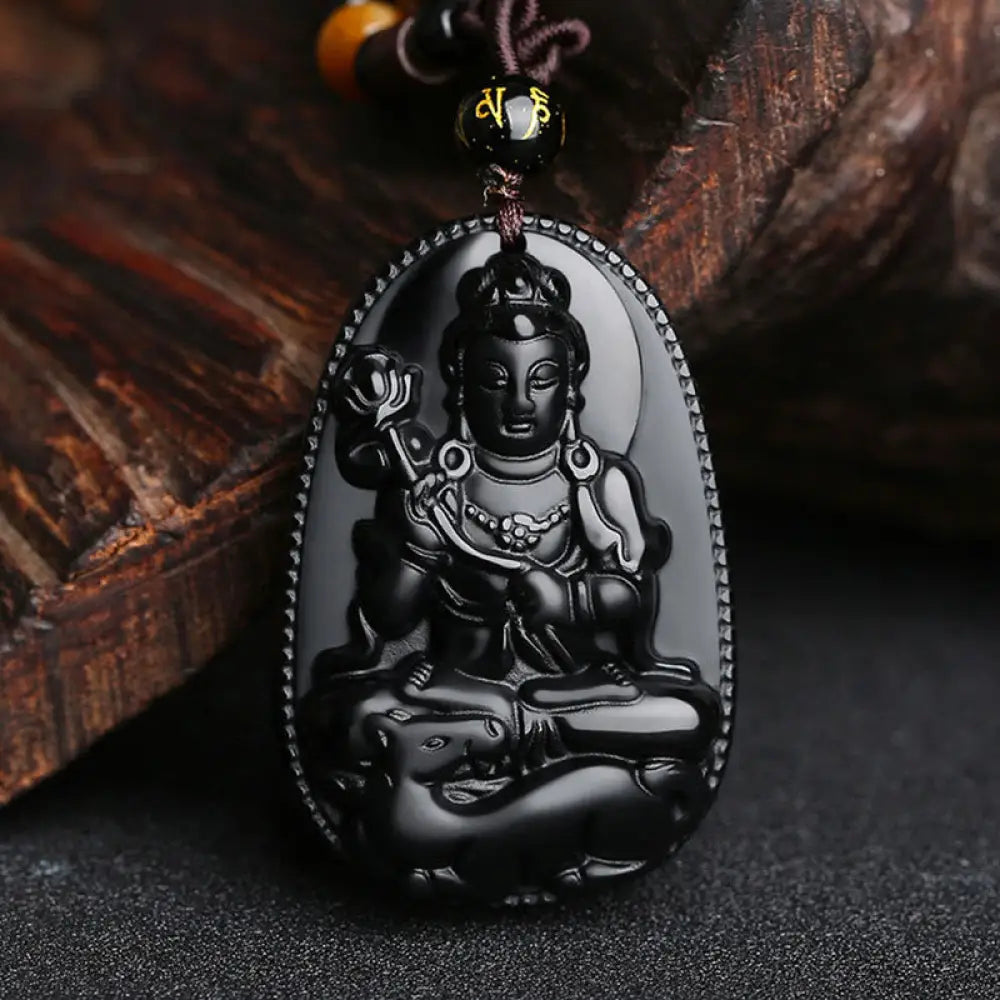 Buddha Stones Chinese Zodiac Natal Buddha Natural Black Obsidian Purification Necklace Pendant - BWOOOH